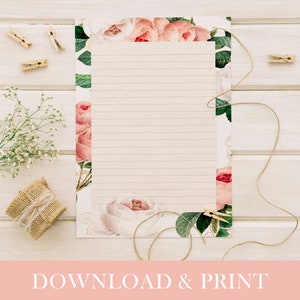 Papelería floral imprimible, 3 papeles florales para escribir, descarga digital en formato PDF, papel para cartas, papel rayado, papel sin rayar, 8,5 x 11 pulgadas, A4, rosa