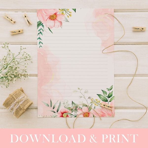 Printable Floral Stationery, 5 Floral Writing Paper, Digital Download PDF, Letter Paper, Lined Paper, Unlined Paper, A4