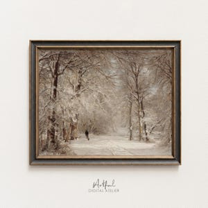 Vintage Winter Landscape Print, Snowy Forest Painting, Rustic Christmas Decor