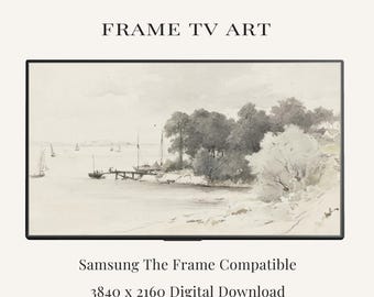 Coastal Sketch Frame TV Art | Vintage Harbor Drawing | Neutral Nautical Wall Art for Samsung Frame TV | Minimalist Coastal Digital Download