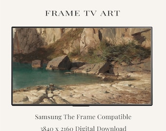 Mountain Lake Frame TV Art | Vintage Landscape Painting | Alpine Nature Samsung Frame TV Art | Neutral Cliff Wall Art Download