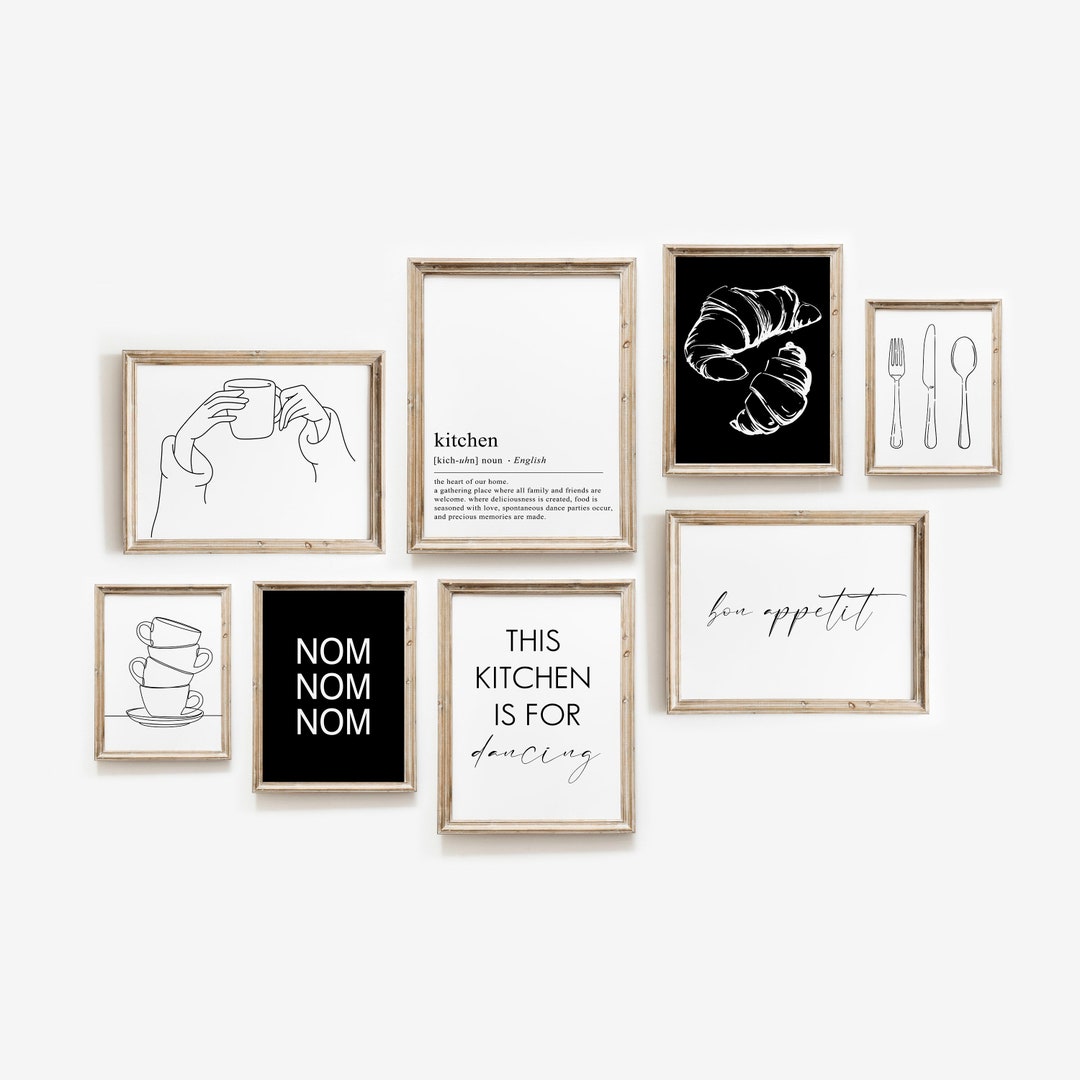 Kitchen Gallery Wall Set of 8, Minimalist Kitchen Wall Set, Black and ...