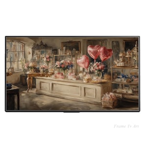 Puede incluir: Impresión artística digital de una panadería de estilo vintage. La imagen presenta un largo mostrador blanco con varios pasteles, flores y globos en forma de corazón. La paleta de colores es suave y cálida, con un enfoque en los detalles de la tienda.