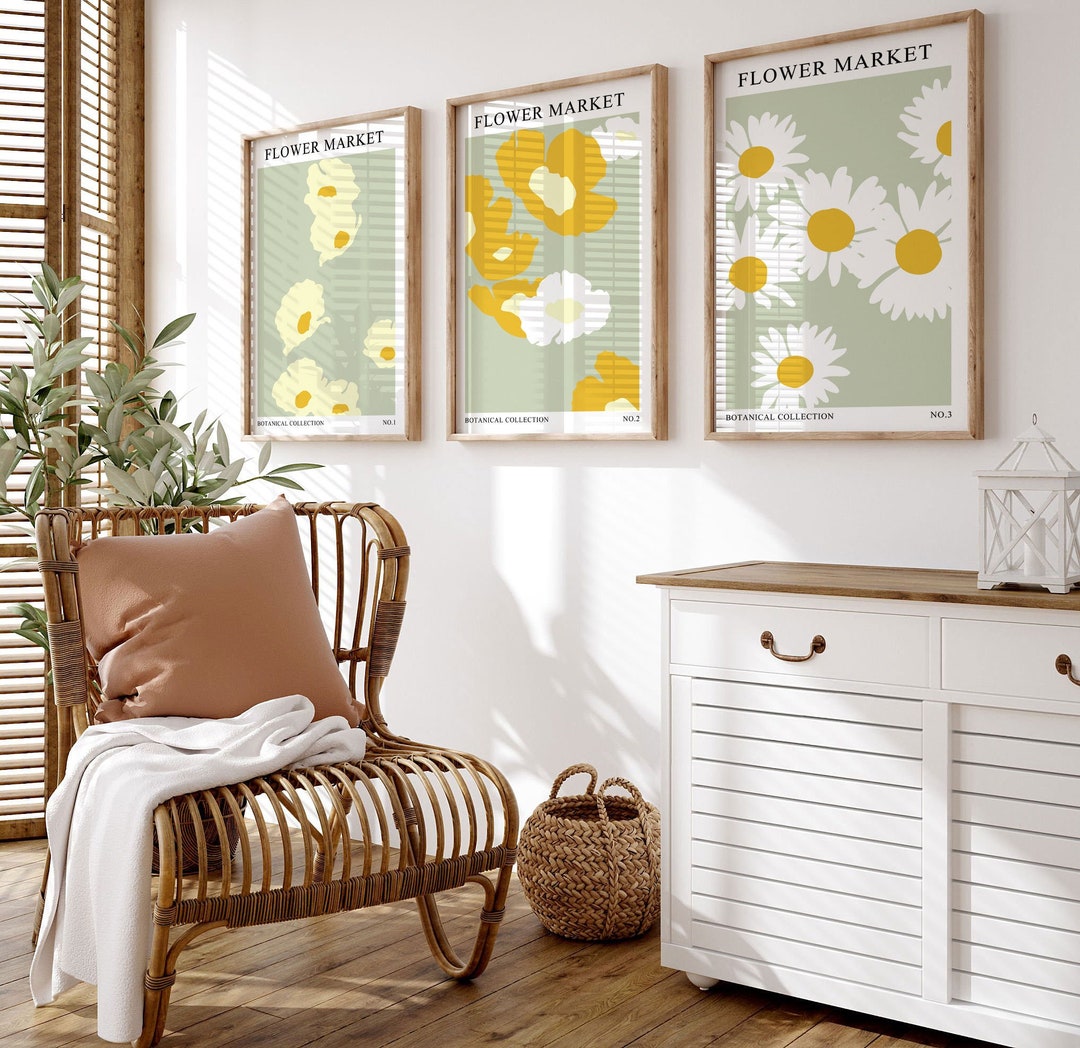 Sage Green Flower Market Set of 3 Print, Botanical Wall Art, Floral ...