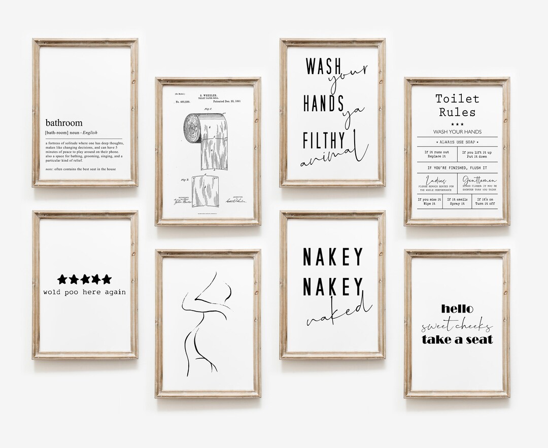 Bathroom Wall Art, Set of 8 Printables, Fun Bathroom Decor, Retro ...
