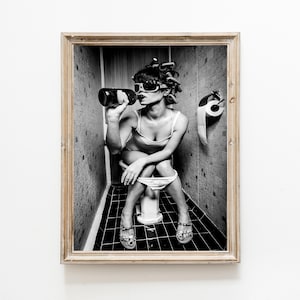 Toilet Print, Girl on Toilet, Girl on Toilet Drinking Print, Printable Wall Art, Bathroom Wall Deco, Toilet Wall Decor, Digital Download