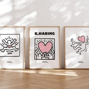 Keith Haring 3er-Set Drucke, Ausstellungsposter, rosa Keith Haring Herz Druckset, Galerie Wandkunst, Pop Art, Digitaldrucke