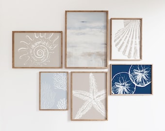 Coastal Wall Set of 6 Prints, Beach Wall Art, Shell Prints, Nautical Gallery Wall Art, Printable Summer Wall Art, Digital Prints