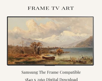Snow Mountain Frame TV Art | Vintage Alpine Lake Painting | Winter Landscape Samsung Frame TV Art | Neutral Nature Download