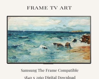 Coastal Ocean Frame TV Art | Vintage Seascape Painting | Turquoise Beach Samsung Frame TV Art | Mediterranean Coastal Download