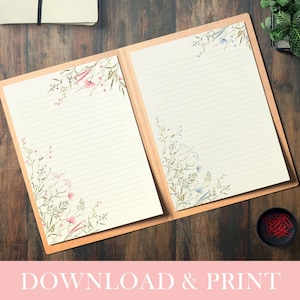 Papelaria floral para impressão, 2 papéis de escrita florais, PDF para download digital, papel carta, papel pautado, papel sem forro, carta 8,5x11 pol., A4