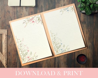 Printable Floral Stationery, 2 Floral Writing Paper, Digital Download PDF, Letter Paper, Lined Paper, Unlined Paper, Letter 8,5x11 in, A4