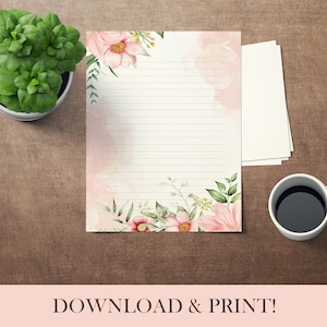 Papelaria floral para impressão, 5 papéis florais para escrever, PDF para download digital, papel carta, papel pautado, papel sem forro, carta 8,5x11 pol.