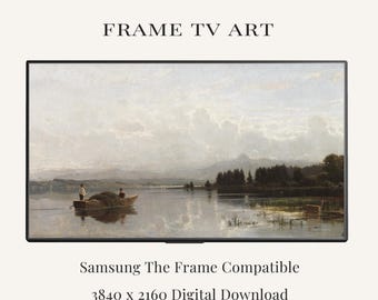Vintage Lake Landscape Frame TV Art | Serene Fishing Boat Painting | Neutral Scandinavian Wall Art for Samsung Frame TV | Digital Download