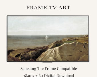 Rocky Coast Frame TV Art, Vintage Coastal Painting, Sailboat Ocean View, Samsung Frame TV, Beach House Decor, Digital Download