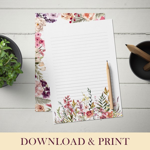 Printable Floral Stationery, 8 Floral Writing Paper, Digital Download PDF, Letter Paper, Unline Paper, Lined Paper, A4 size