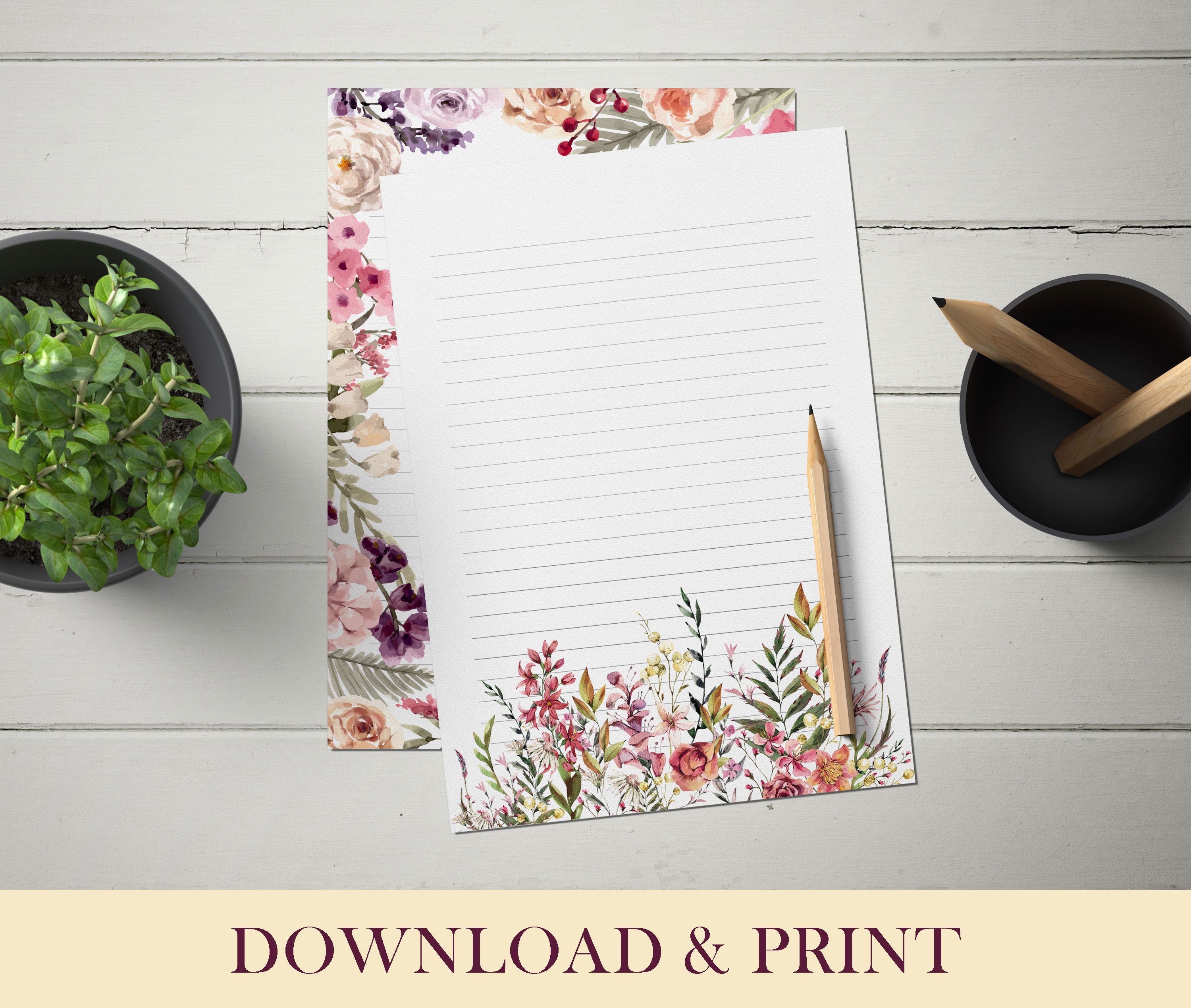 Printable Floral Stationery, 8 Floral Writing Paper, Digital Download PDF, Letter Paper, Unline Paper, Lined Paper, A4 size