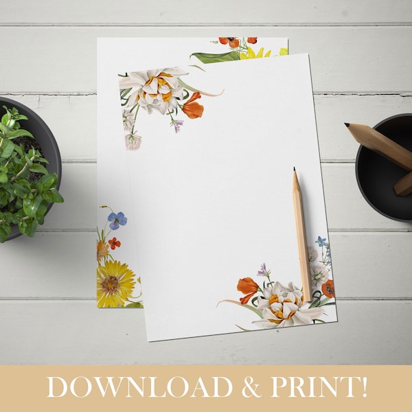 Printable Floral Stationery, 10 Floral Writing Paper, Digital Download PDF, Letter Paper, Unlined Paper, A4 and 8,5x11 inc