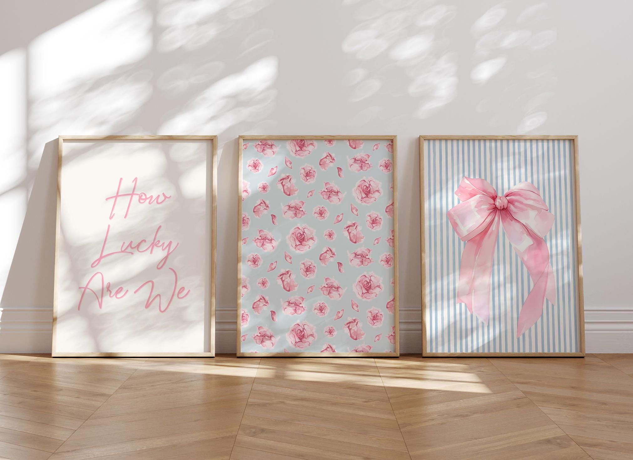 Pink and Blue Preppy Set of 3, Coquette Room Decor, Pink Cute Bow Poster, How Lucky Are We Print, Preppy Wall Art, Printable Wall Art