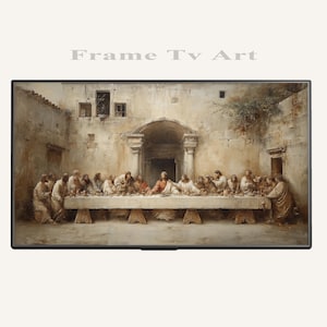 Puede incluir: Una obra de arte enmarcada que representa la Última Cena. La pintura presenta una larga mesa con figuras vestidas con túnicas, ambientada en una habitación con paredes de piedra. El texto "Frame Tv Art" está en la parte superior.