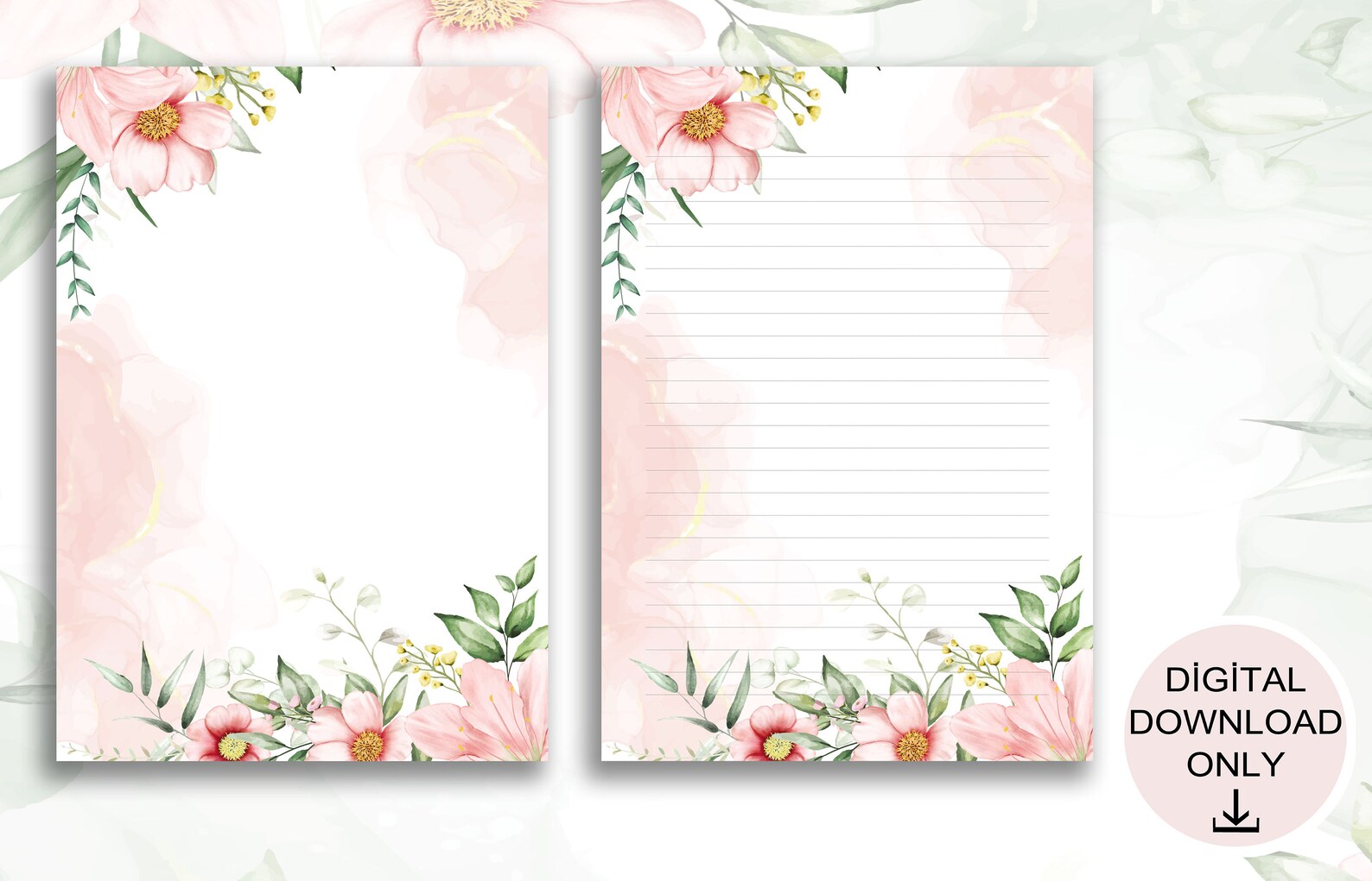 Printable Floral Stationery, 5 Floral Writing Paper, Digital Download PDF, Letter Paper, Lined ...