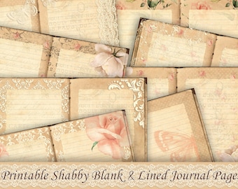 Junk Journal Kit, Shabby, Blank Lined Journal Pages, Junk Journal Basic Papers, Printable Vintage Lined Paper, Roses Collage Sheet A4