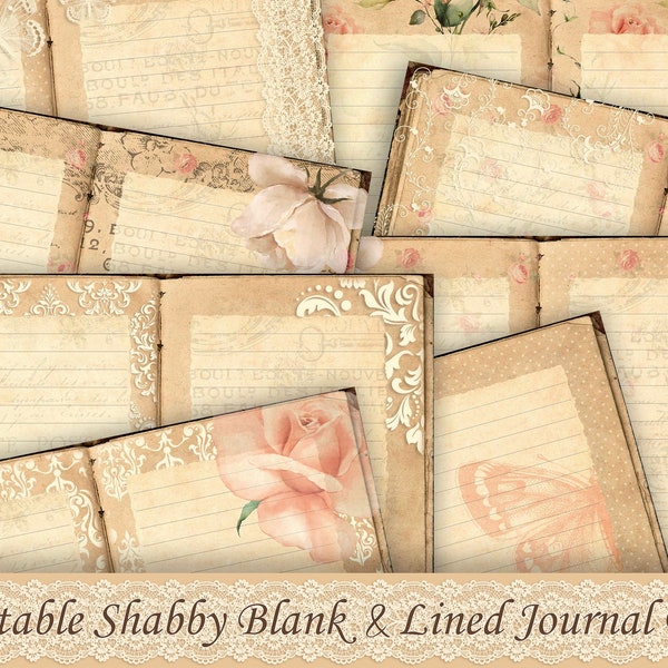 Junk Journal Kit, Shabby, Blank Lined Journal Pages, Junk Journal Basic Papers, Printable Vintage Lined Paper, Roses Collage Sheet A4