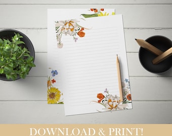 Printable Floral Stationery, 10 Floral Writing Paper, Digital Download PDF, Letter Paper, Lined Paper, A4 and 8,5x11 inc