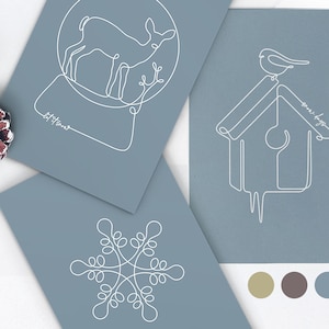 Postales De Navidad, Juego De Postales, Tarjetas De Navidad, Let It Snow Decor, Snow Days, Snowflake, One Line Art, Bird, Deer