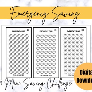 Puede incluir: Tres plantillas imprimibles en blanco y negro para el desafío de ahorro de fondos de emergencia. Cada plantilla tiene una cuadrícula de alcancías con un objetivo de 10 €, 5 € y 15 €. El ahorro total para cada plantilla es de 500 €, 250 € y 750 €.