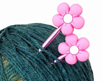 Bright Pink Daisy Point Protectors, Knitting Needle Stitch Stoppers, Needle Stoppers, Needle Holders, Gift for Knitter, Mother's Day
