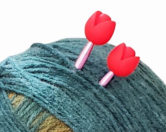 Red Tulip Point Protectors Knitting Needle Stitch Stoppers, Needle Stoppers, Needle Holders