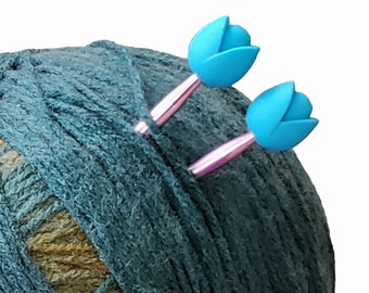 Turquoise Tulips Point Protectors Knitting Needle Stitch Stoppers, Needle Stoppers, Needle Holders