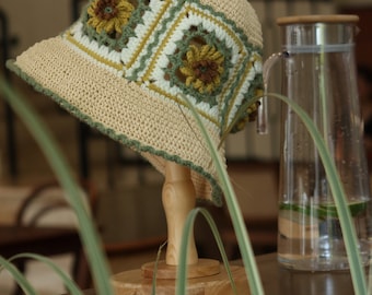 Crochet Sunflower Granny Square Bucket Hat Pattern (PDF)