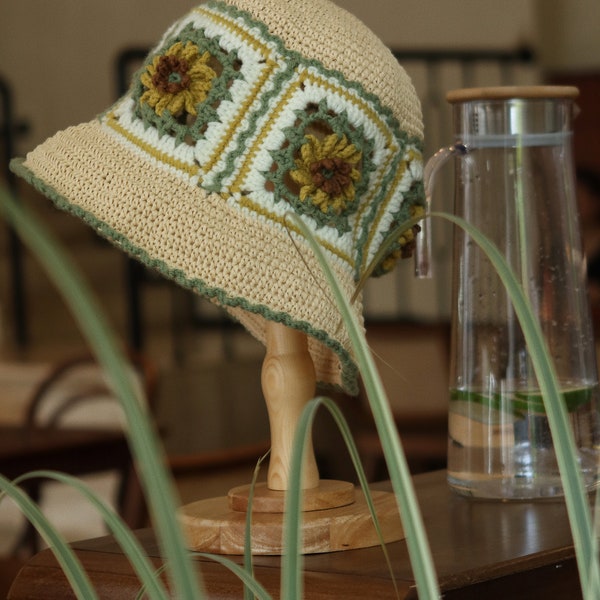 Crochet Sun Hat Pattern, Sunflower Hat, Granny Square Pattern, Raffia Straw Hat , Summer Hat, Bucket Hat, Cotton Hat, Handmade Hat, PDF