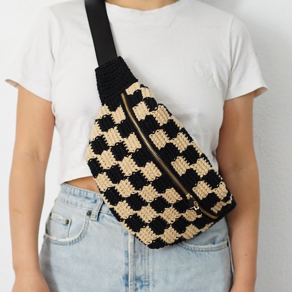 Ajustable Crochet Chest Bag, Checkered Bag Crochet PATTERN PDF ,VIDEO Tutorial,  Crossbody Bag, Bum bag, Waist Bag, Minimalist Zipper Bag