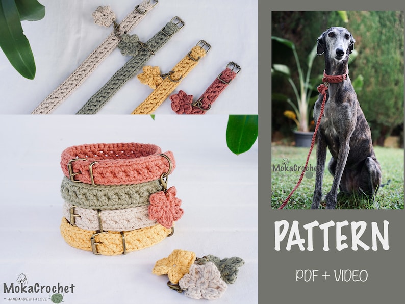 May include: Crochet dog collar pattern with a PDF and video tutorial. The pattern features a variety of colors, including beige, green, yellow, and pink. The pattern is available for download on Etsy.
