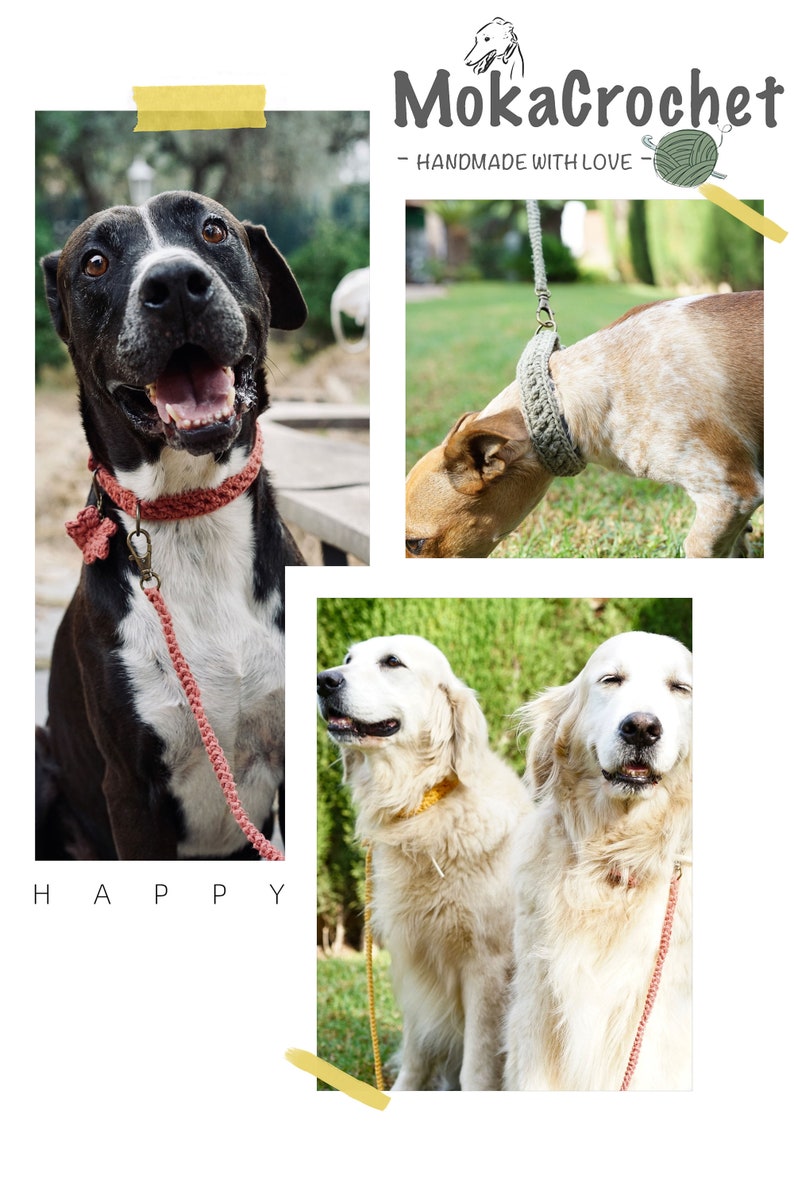 May include: Three dogs wearing crocheted collars and leashes. The dogs are a black and white mixed breed, a golden retriever, and a golden retriever mix. The text "MokaCrochet - HANDMADE WITH LOVE" is at the top of the image.
