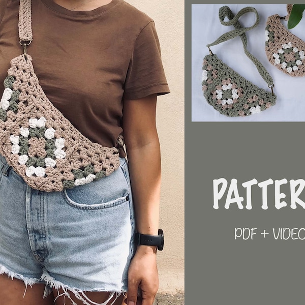 Gehaakte tas/riem/riem PATROON PDF en VIDEO-tutorial, Crossbody tas, heuptas, clutch tas, oma vierkante tas, digitale download