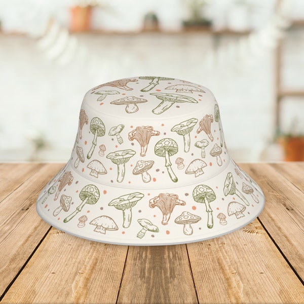 Minimalistic Mushroom Bucket Hat - Mushroom Hat, Unique Reversible Hat, Holiday Hats, Beach Hat with Mushroom Design, Magic Mushrooms