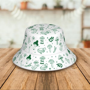 Mushroom Bucket Hat - Mushroom Hat, Mushroom Printed Beach Hat, Green Frog Hat, Fashion Reversible Hat, Green Mushroom Hat, Frog Bucket Hat