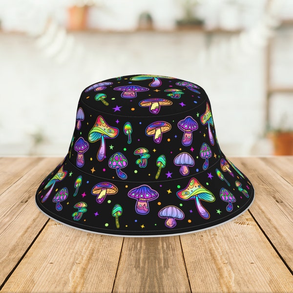 Mushroom Bucket Hat - Mushroom Hat, Cool Mushroom Bucket Hat, Psychedelic Mushroom Print Bucket Hat, Colorful Sun Hat, Mushroom Art