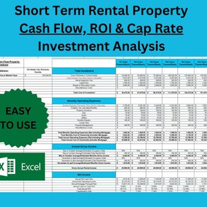Short Term BNB Rental Property Cash Flow, ROI and Cap Rate Investment Analysis Spreadsheet