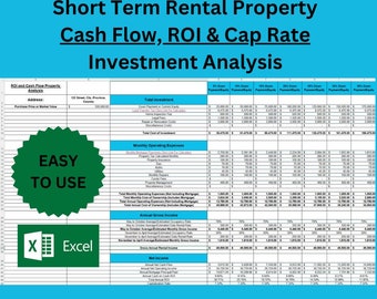 Short Term BNB Rental Property Cash Flow, ROI and Cap Rate Investment Analysis Spreadsheet