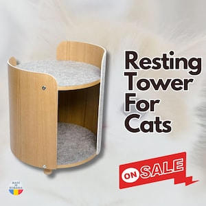 Torre para gatos feita à mão, torre grande para gatos, torre de descanso para gatos, feita de madeira compensada e folheado de carvalho com poste de arranhar de feltro, PawPaw