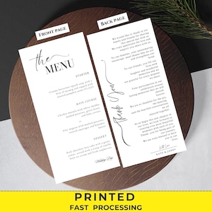 Gepersonaliseerde gedrukt trouwmenu, minimalistisch trouwmenu, modern trouwmenu, eenvoudig menu, bruiloftsmenukaarten, dinermenukaart gedrukt
