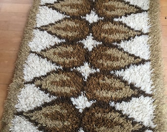 Kit de fabrication de tapis Rya. 110 x 70 cm. Motif dessiné sur le support en jute pour faciliter la fabrication de tapis. Avec suffisamment de laine norvégienne pour compléter
