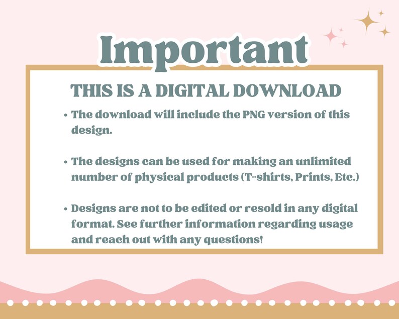 K&ouml;nnte beinhalten: Eine Ank&uuml;ndigung zum digitalen Download mit dem Wort "Wichtig" oben. Der Text besagt, dass es sich um einen digitalen Download handelt, einschlie&szlig;lich einer PNG-Version. Designs k&ouml;nnen f&uuml;r physische Produkte verwendet, aber nicht digital weiterverkauft werden.