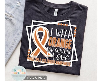 May include: A dark charcoal gray t-shirt featuring a graphic design with an orange awareness ribbon and the text I WEAR ORANGE FOR SOMEONE I LOVE MULTIPLE SCLEROSIS AWARENESS inside white geometric frames with orange dots on the corners.