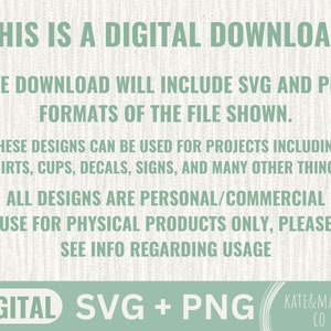 Puede incluir: Texto sobre un fondo verde que dice "Esto es una descarga digital. La descarga incluir&aacute; los formatos SVG y PNG del archivo mostrado. Estos dise&ntilde;os se pueden usar para proyectos que incluyen camisetas, tazas, calcoman&iacute;as, letreros y muchas otras cosas. Todos los dise&ntilde;os son de uso personal/comercial para productos f&iacute;sicos &uacute;nicamente, consulte la informaci&oacute;n sobre el uso. Digital SVG + PNG Kate & Maren Co."